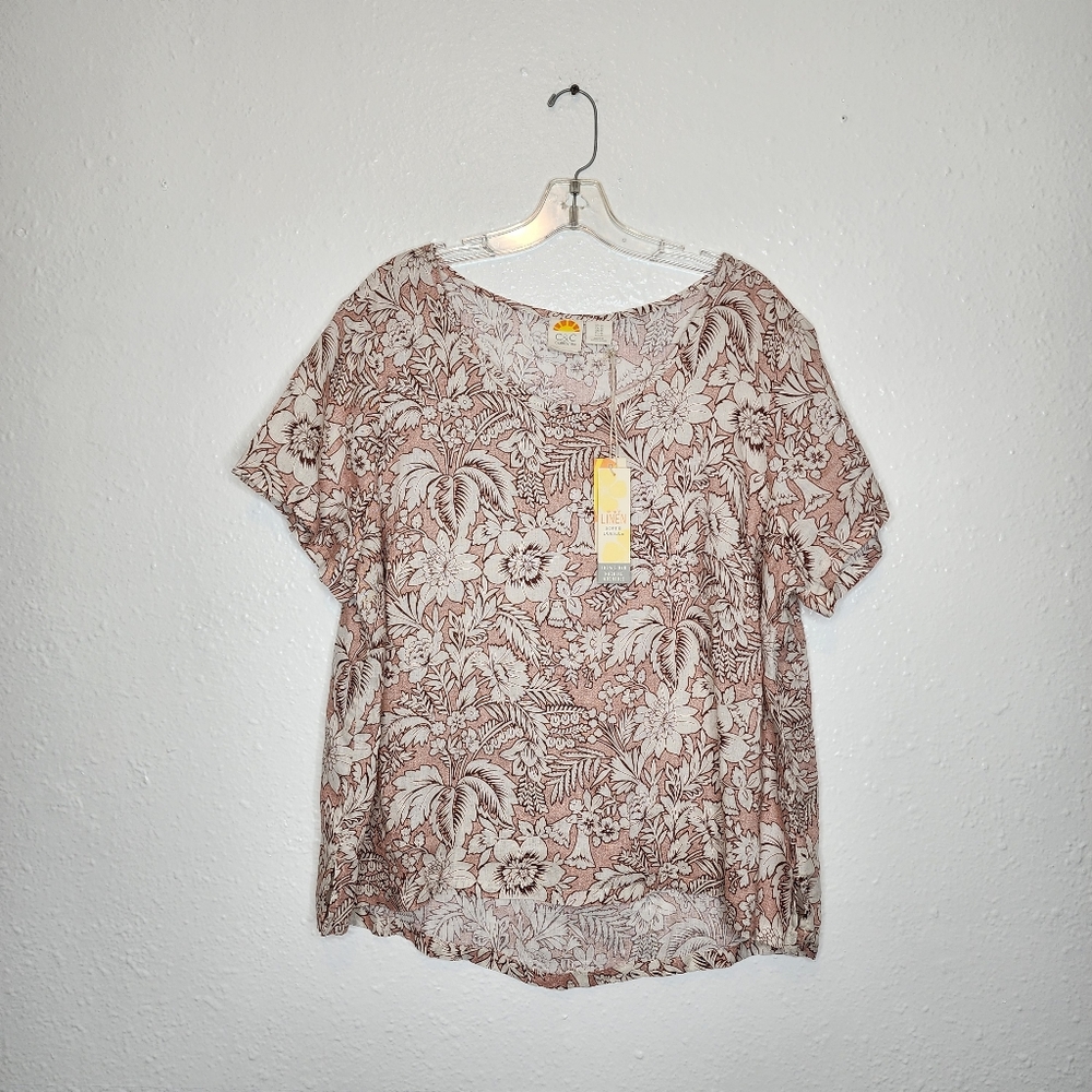 C&C California 100% Linen Floral Shortsleeve Blouse Top Size 1X